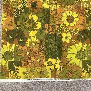 Vintage Floral Fabric Yellow Gold Green Brown Seneca Textile 35”x54”